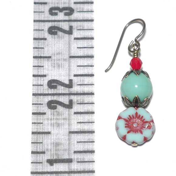 Hand Crafted Handmade Earrings Czech Glass Mint Green & Red Flower Long Earrings - Picture 4 of 5